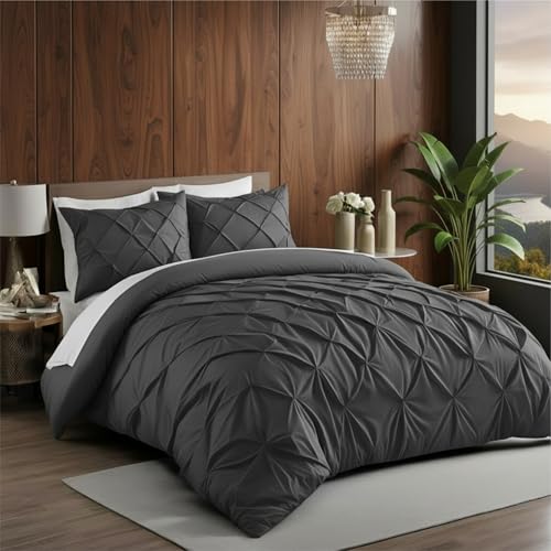 Image of Pinch Pleated Duvet Cover Set 1000TC 100% Cotton Premium 3-Pieces 1-Duvet Cover & 2-Pillow Cover Luxury Look Home and Hotel Zipper & 8-Tie Closure (Dark Grey, Double 90 X 100 Inch)