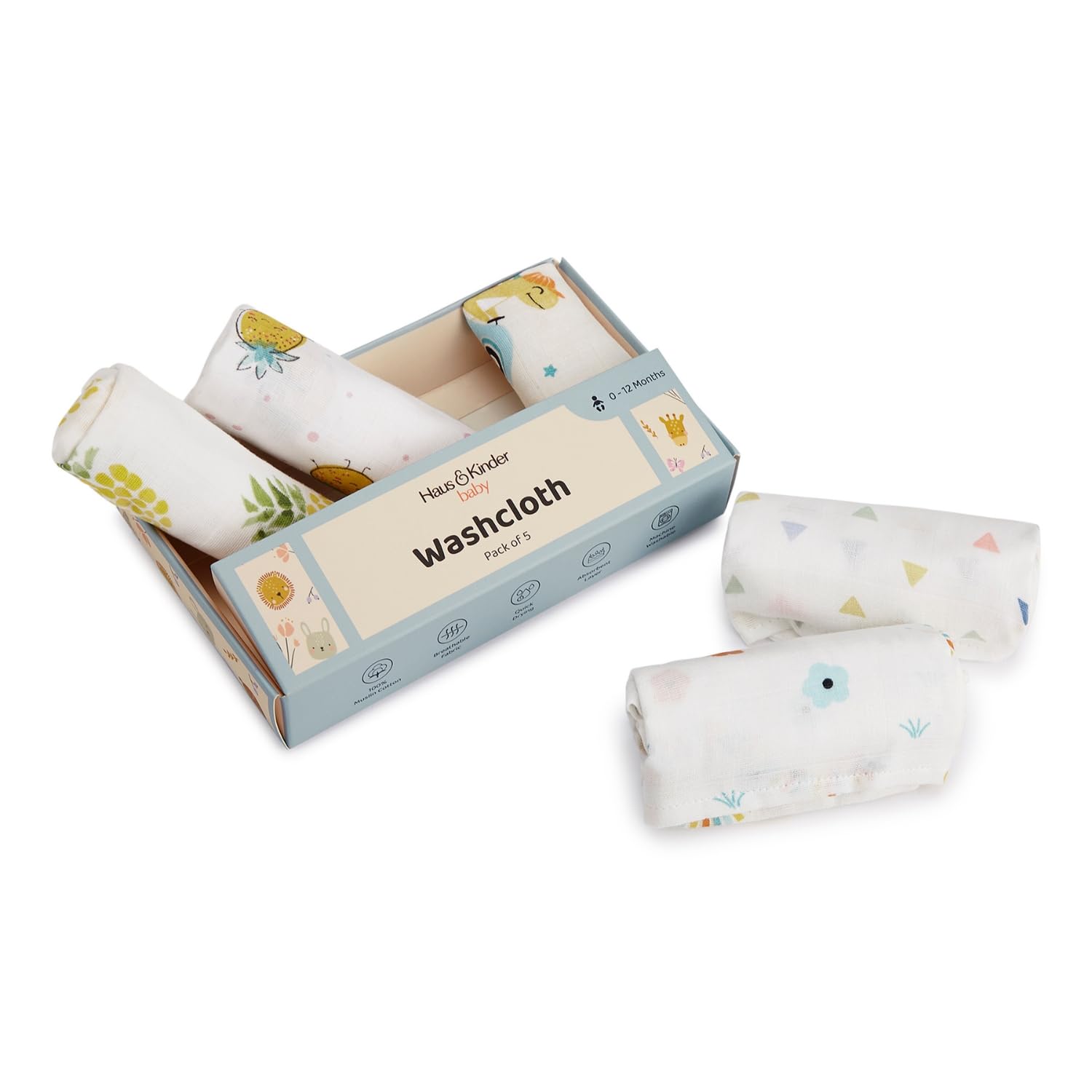 haus & kinder 100% Cotton Muslin Baby Washcloths for Newborn Baby | Pack of 5 Wash Cloths | Soft Absorbent Baby Face Towels for Bath, Feeding & Daily Care | Gentle Giggles