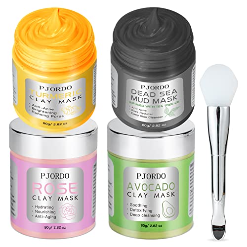 Pjordo 4 Pcs Clay Mask Set, Turmeric Vitamin C Clay Mask, Dead Sea Mud Mask, Avocado Clay Mask, Rose Clay Mask, Face Mask Skin Care Set, Self Care Gifts for Women, 2.82 Oz Each