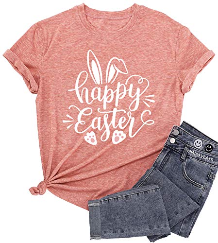 Image of Women Happy Easter T Shirt Bunny Rabbit Graphic T-Shirt Funny Letter Printed Shirts Short Sleeve Tops