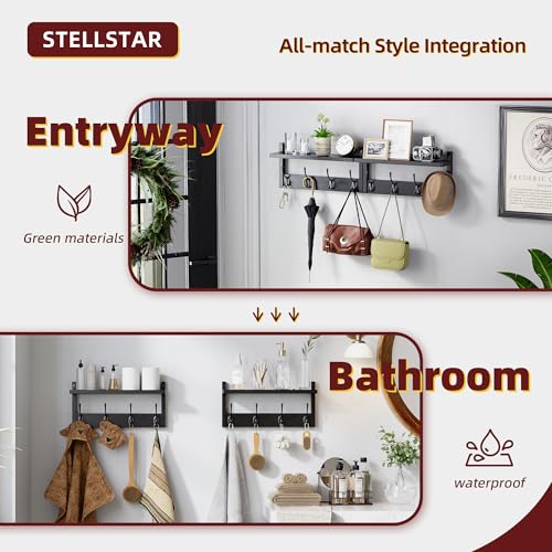 STELLSTAR Perchero de Pared con Estante, 2 Paquetes de Percheros de Pared de Bambú con 8 Ganchos para Entrada, Pasillo, Cocina, Baño, Salón, Lavadero (Negro) - imagen 6