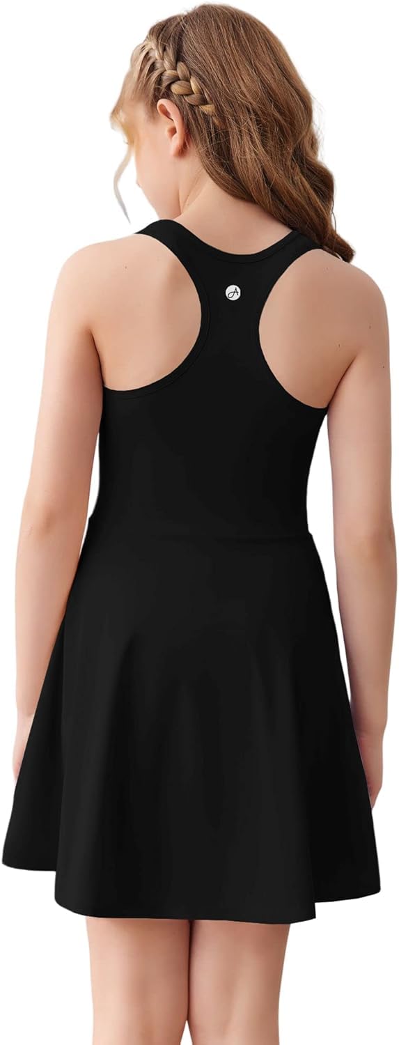 Haloumoning Vestido de tenis para niña, vestido de golf, sin mangas, espalda cruzada, ropa para niños, vestido deportivo con pantalones cortos y bolsillos