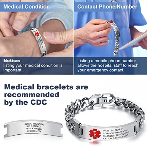 Fenfang Personalized Emergency Medical Bracelets For Men Women For 7.5 To 8.5 Inches Free Engrave Medical Id Bracelets For Men Women Tag Stainless Steel Medical Alert Bracelets (7.5 Inches For Women) #TOP6