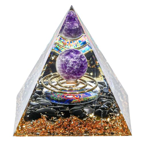 ZRENJHUS Orgone Pyramid Amethyst Ball Healing Crystal Gemstone Improve Intuition and Creativity Pyramid Tree of Life Colorful Amethyst Crystal Orgonite Pyramid Crystal for Anti-Stress Wisdom Wealth