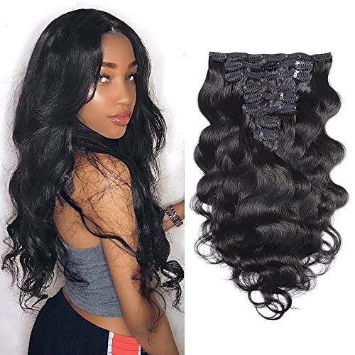 Clip In Human Hair Extensions Body Wave 100% Human Hair 8 pieces 120gram Grade 10A for Thin Hair Natural Black (12", Body Wave)