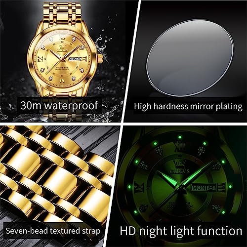 OLEVS Gold Watches for Men Luxury Waterproof Stainless Steel Day and Date