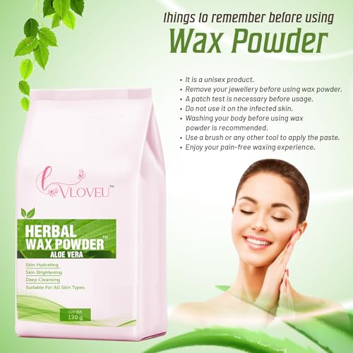 Image of VLOVEU Wax Powder for Hair Removal for Women - 120 gm (Pack of 1) | Hair Removal Powder with Aloevera | Painless Herbal Wax Powder, All Skin Types Hands, Legs, Underarms, Bikini & Intimate Area