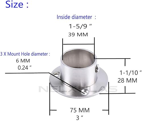 Miniatura 3 de NELXULAS Soporte de barra de armario de acero inoxidable resistente, extremo de barra de cortina de ducha, soporte de barra de brida, poste de