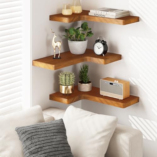 Fixwal Corner Floating Shelves for Wall Mounted Natural Solid Wood 16"x11.4" Farmhouse Home Decor Display Shelving Set of 3 (Rustic Brown) - Image 6