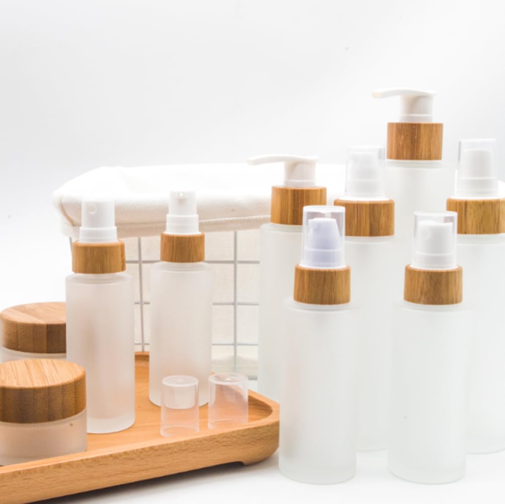 150ml/5oz Empty Frosted Glass Lotion Pump Dispenser Bottle with Wood Lid Refillable Makeup Cosmetic Cream Shampoo Toiletries Container Storage Jars for Bathroom Bedroom - Image 4