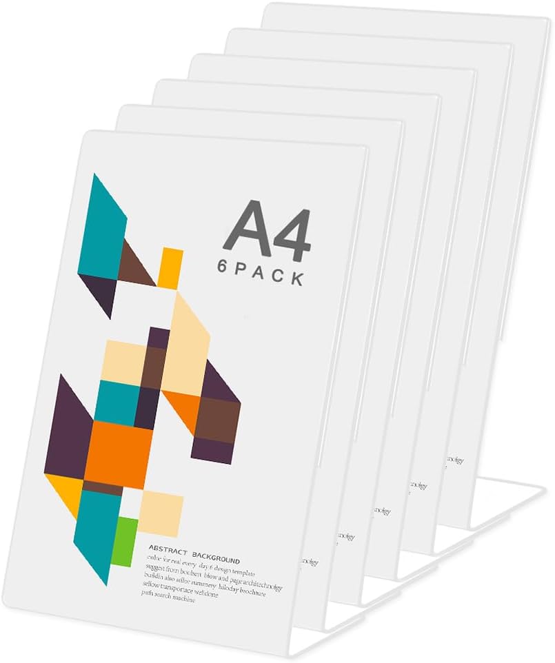 Basong A4 Display Stand, 6 Pack A4 Acrylic Sign Holder Clear LShape A4