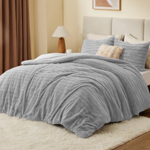 Image of BEDELITE Faux Fur Queen Comforter Set, Fluffy Bed Set, Light Grey | Super Soft & Warm, Luxury Fuzzy Cozy Comforter for Winter, Heavy Plush Bed set, with 2 Pillowcases