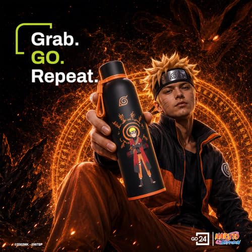 Image of Water Bottle 1 LTR Stainless Steel | Hot & Cold Flask | ISI Certified Steel Bottle| Three Layer Insulation | Leakproof | Home, Office | 2-Year Warranty | Naruto 1000 | Black-Orange - Naruto Sage