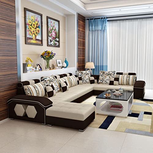 Image of Silvester 12 Seater Sofa Set for Living Room (Cream-Brown) | Interchangeable U Shape Sectional Sofa | Solid Wood Frame & High-Density Supersoft Foam | Includes Puffy & Stool | Modern Home Furniture