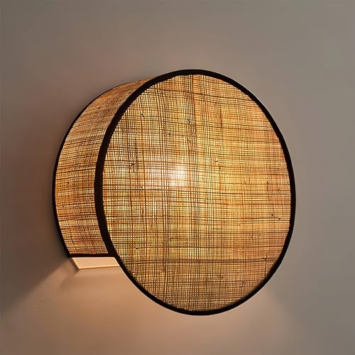 Image of Bofea-Rattan Boho Wall Llight,Plug in Wall Sconces | Wall Hanging Lamps with Hand Woven Hemp Rope Shade,Farmhouse Circular Wall Lamps Light Fixture Indoor for Living Room
