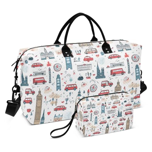 Vintage London Symbol Vector Travel Duffle Bag,Large Weekender Travel Bag for Women Men Waterproof Luggage Bag with Trolley Sleeve,Airplane Travel Essentials for Flying