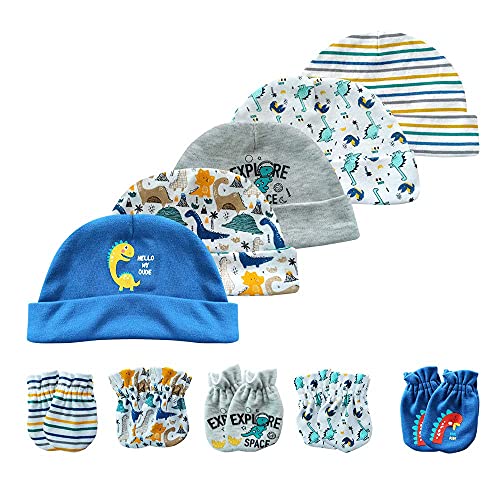 Chamie Newborn Cotton Hats Mittens Set Beanie Cap Non Scratch Gloves for Baby Boys Girls