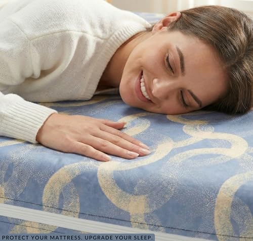 Image of VAS COLLECTIONS Cotton Printed Mattress Protector with Zipper | 360 Degree Fully Enclosed Mattress Cover | Breathable, Waterproof-Safe Fabric | Double Bed 78x72+6 Inches (6.5x6 Ft) (Pale Blue)