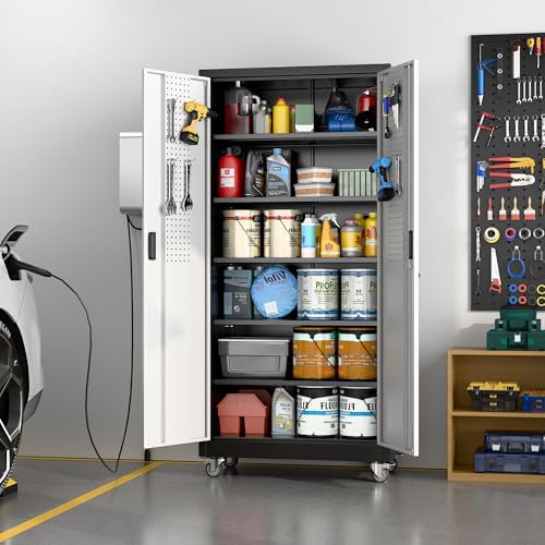 Image of Aobabo Garage Storage Cabinet with Wheels, Metal Storage Cabinet with 5 Adjustable Shelves for Garage Home, Black&Silver,71 inch H*34''W*18''D,Required-Assembly,