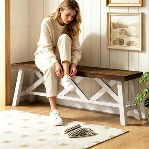 Wnutrees 54" Farmhouse Wood Bench, Rustic Solid Wood Entryway Bench Seat with Double X-Structure for Dining Room, Living Room, Hallway, Structural Stability, White by Wnutrees - Image 8