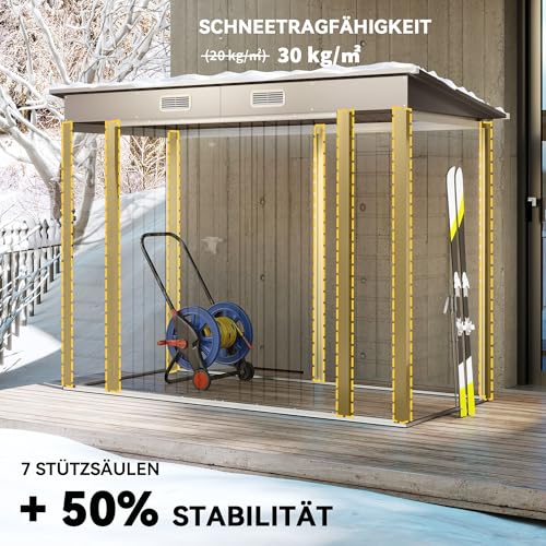 Outsunny Metall Gerätehaus 2,7 m² 249x121x183cm Geräteschuppen mit Pultdach Abschließbarer Doppeltür Entlüftung Schloss Rampe Gartenhaus Outdoor Garten Schuppen für Hinterhof Außenbereich Hellgrau