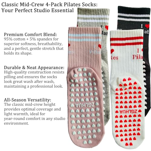 Image of Pilates Socks for Mother's Day,Women Pilates Heart Grip Socks Cuffs,Anti-Skid Cotton Grip for Ballet,Home,Studio 1Pair