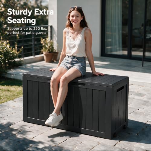 Image of 92 Gal Deck Box,Waterproof Resin Outdoor Storage Gas Lift,Lockable Black
