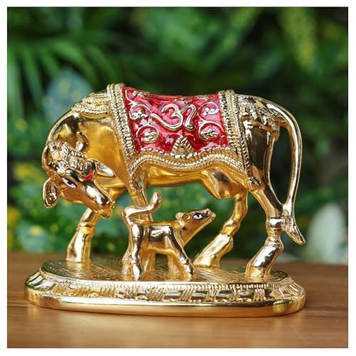Image of Kamdhenu Cow with Calf | Vastu Idol is a Divine Cow & Calf Statue | Perfect for Pooja Rooms | Kamadhenu Cow & Calf (Gold Mina, 4.5 Inch)