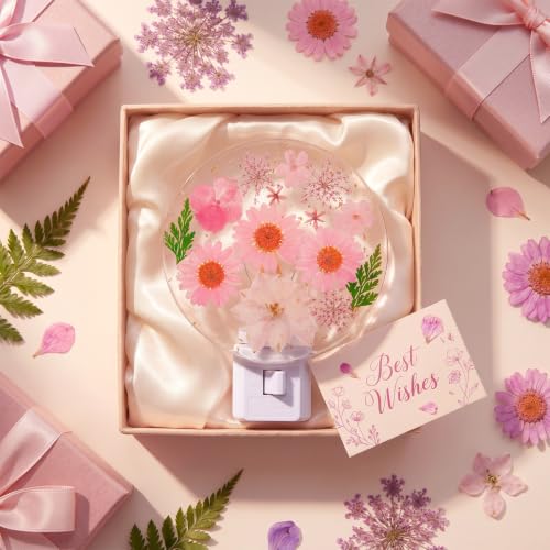 Image of Glooglitter Pressed Flower Night Light Plug in-Handmade Dried Floral Wall Night Light, Glow Decorative Nightlight for Hallway Bedroom Nursery Bathroom, Vintage Botanical(Pink, Flower)