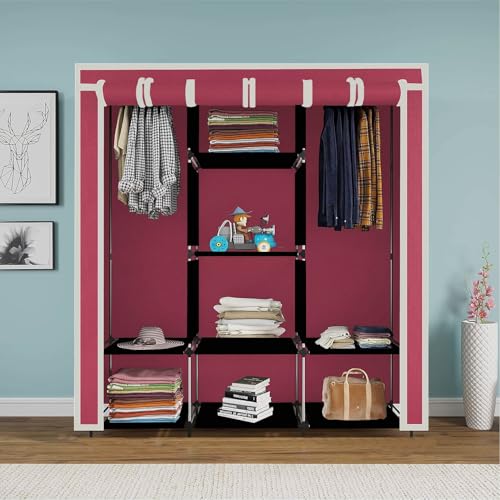 Image of Maison & Cuisine Collapsible Wardrobe Portable Foldable Closet for Clothes Almira, 2 Hanging Space, 8 Shelves and 2 Side Pocket (Non-Woven Fabric 90 GSM, Metal Rod) (88230M-N, Maroon)