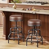 Raynesys Adjustable Height Swivel Bar Stools Set of 2, 22-29 Inch Industrial Vintage Bar Counter Height Stools with Thicken Premium Bonded Leather Seats & Updated Footrests, Easy Assembly, Brown