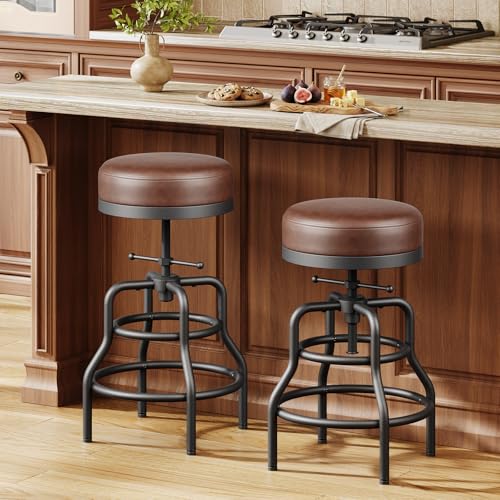 Image of Raynesys 22-29 Inch Adjustable Height Industrial Swivel Bar Stools Set of 2 | Vintage Bar Counter Height Stool with Thicken Premium Bonded Leather Seat & Updated Footrest, Easy Assembly, Brown