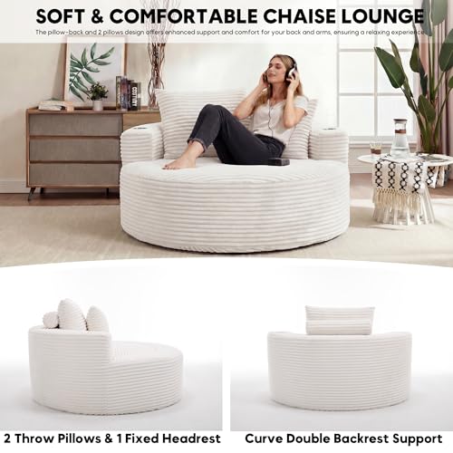 Image of Oversized Round Chair Lounge Chaise Indoor, 55.5 inch Upholstered Corduroy Deep Seat Single Cloud Sofa Chair with Cup Holder, Modern Large Circle Boneless Sleeper Sofa for Living Room, Beige White