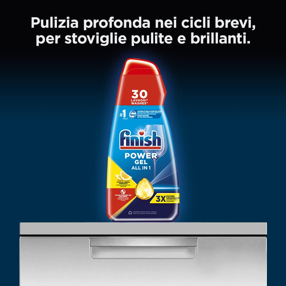 Finish Powergel Gel Detergente líquido para lavavajillas, multiacción, poderes desengrasantes, limón, multicolor, 600 ml, paquete de 12