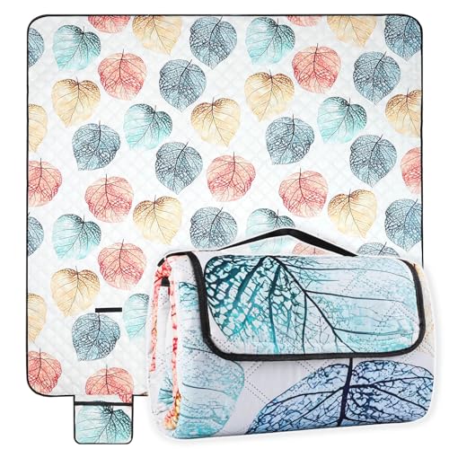Extra Large Waterproof Picnic Blanket, 200 x 200cm 3 Layers Outdoor Picnic Mat Beach Blanket, Foldable & Washable & Sandproof Travel Rug with Carrying Handle for Beach Garden Picnic Camping (Leaf)
