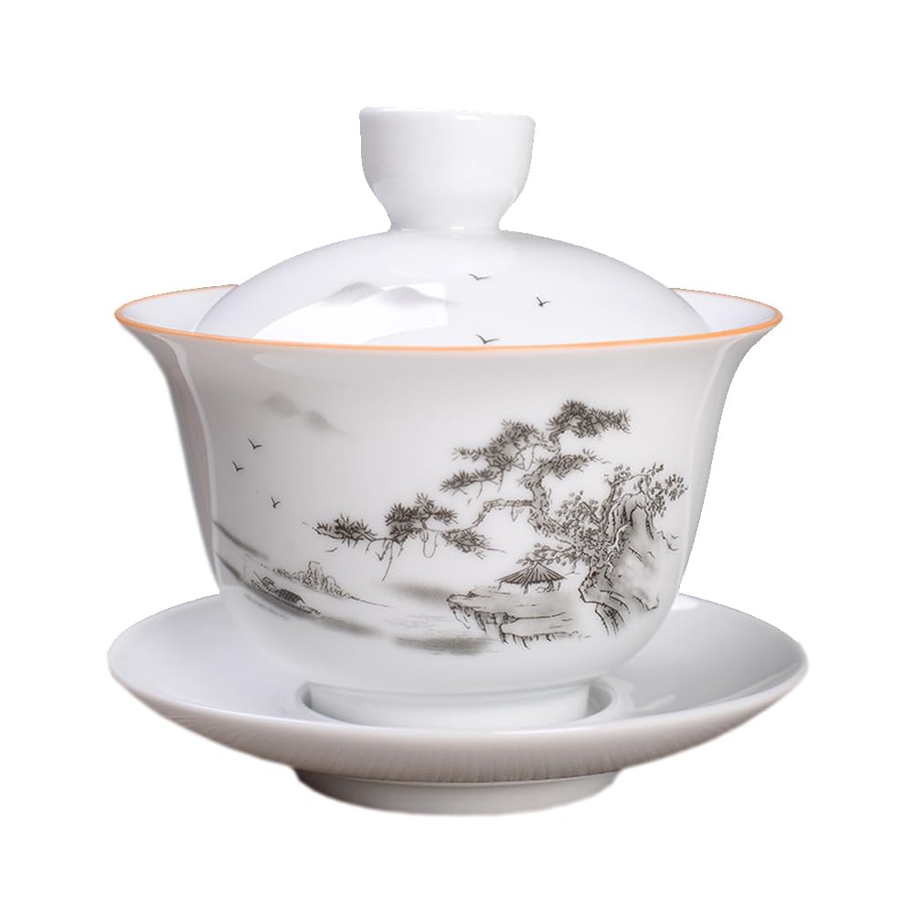 Jingdezhen Chinese Porcelain Gaiwan Handmade 7oz/200ml Kungfu Teacup White Glazed Tureen Chinese Sancai Cover Bowl Lip Cup Saucer Set Traditional Teaware Tea Set (Scenery)