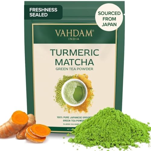 VAHDAM, Té Verde de Cúrcuma (50 Tazas / 100g) con Matcha Japonés Puro y Curcumina | Polvo de Cúrcuma de la India | Delicioso Latte de Té Verde