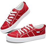 Obtaom Women Red Canvas Fashion Sneakers Cute Lace up Canvas Shoes Low Top Washed Canvas Flat for Lady(Red,US8)