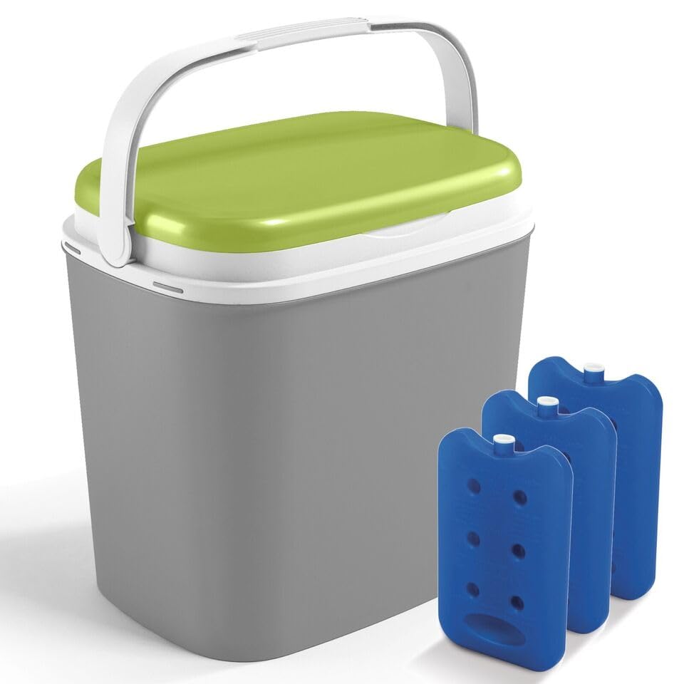 URBNLIVING 27L Large Compact Insulated Beach Picnic & Camping Leakproof Travel Cooler Box Cool Ice Box with Handle (Grey & Green with Ice Pack)
