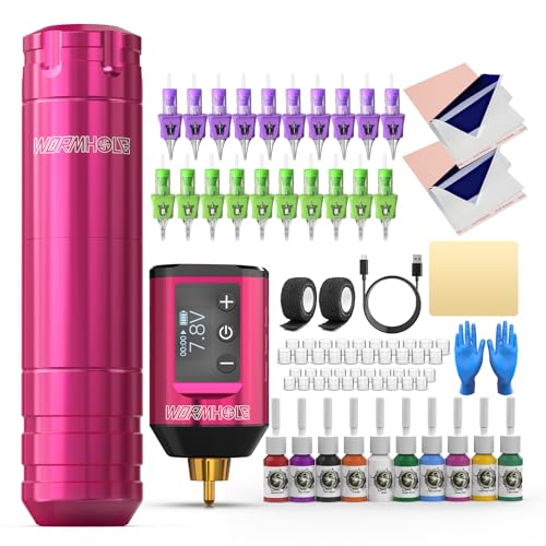 Image of Wormhole Tattoo 79PCS Wireless Tattoo Practice Gun Kit - Battery Pack 1,500mAh Capacity, 20PCS Tattoo Needles for Beginners and Tattooist - Pink