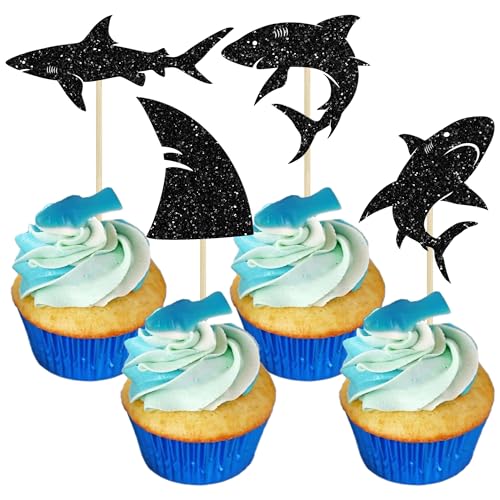 Ephlyn 24Pcs Shark Cupcake Toppers Blue Glitter Shark Fin Cupcake Picks Ocean Animals Shark Theme Baby Shower Kids Birthday Party Cake Decorations Supplies Black