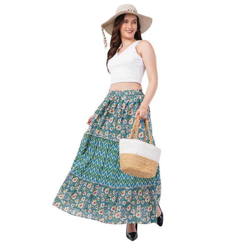 rabhika Women's Pure Cotton Tiered Maxi Skirt | Blue Floral Printed High Waist Long Skirt | Soft Breathable A-Line Flared Casual, Beach, Vacation Sizes S-XL-picture-38