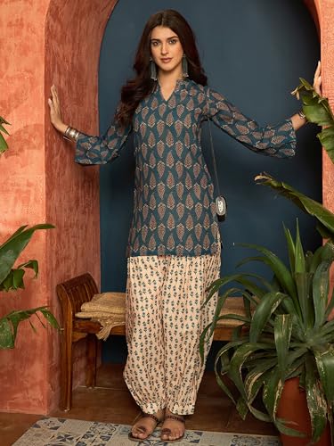 Image of EthnicJunction Women's Linen Floral Print Summer Wear Straight Short Kurti with Afghani Pant Set | Co Ord Set for Women Stylish | Fusion wear Women