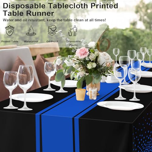 Image of 12 Pack Black and Blue Tablecloth Party Decorations Plastic Black Tablecloth Printed Blue Table Runner 54 x108 Inch Disposable Rectangle Table Cover for Birthday Wedding Graduation