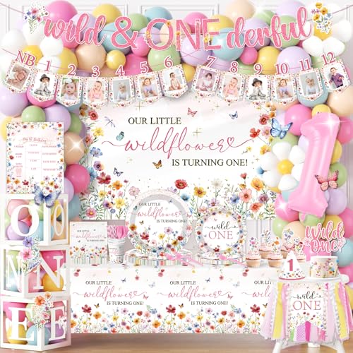 Wildflower First Birthday Decorations 295pcs wild One Birthday Decorations Girl Floral Plates and Napkins Cups Tablecloth Banner Backdrop for Our Little Wildflower Is Turning One Party