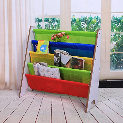 GOTOTOP Muebles para Niños Librería Estantería Infantil Estante de Almacenamiento de Juguetes Multicolor Estantería de Madera con Bolsillo (Marco Blanco+Bolsillo Multicolor)