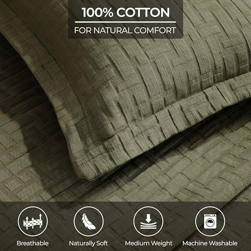 Superior 3 Piece Cotton Bedspread and Sham Set, Home Bed Decor, Decorative Bed Spread, 2 Pillow Shams, Medium Weight, Matelasse Coverlet, Bedding Essentials, Madrid Collection, Queen, Olive Green