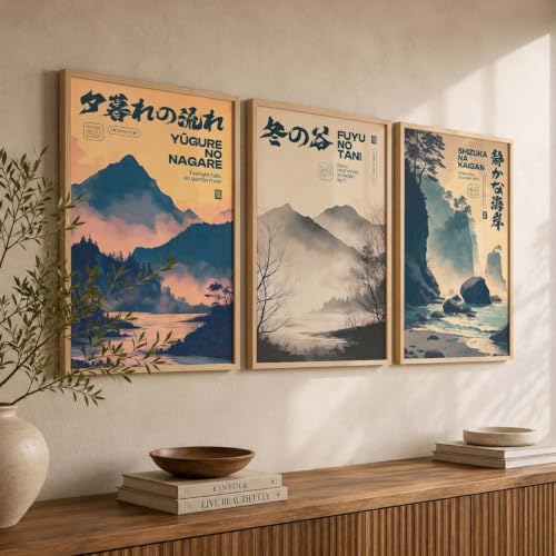 Image of kotart Japanese City View Art Posters with Frame | Aesthetic Japanese Art Framed Poster for Bedroom Living Room Gaming Room Wall Decor Set Of 3 (13X17 inch)