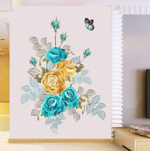 Miniatura 2 de Calcomanías de pared con diseño de flores, rosas azules, mariposas, arte de pared, despegar y pegar, calcomanías de pared de vinilo para dormitorio,