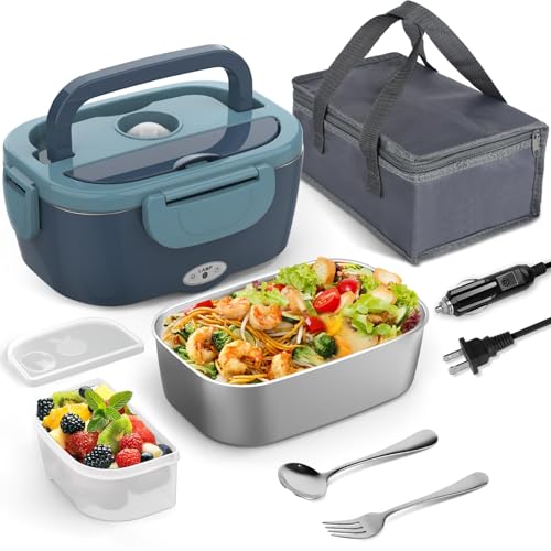 Uniiking Heated Lunch Box Food Heater 60-80w 304 Stainless Steel Container Electric Lunch Box for Adults 12/24v 110v 240v Portable Food Warmer Lunchboxs for Car/Truck/Home/Work/Office
